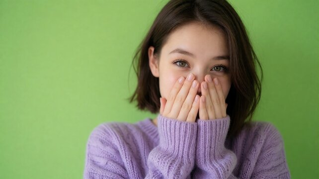 Surprised young woman covering mouth with hands