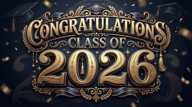 Elegant celebratory graphic celebrating the graduation of the class of 2020 with luxurious golden design and festive elements