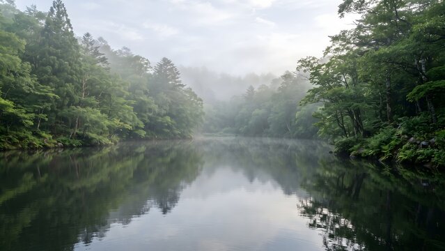 Misty forest lake surrounded by lush green trees