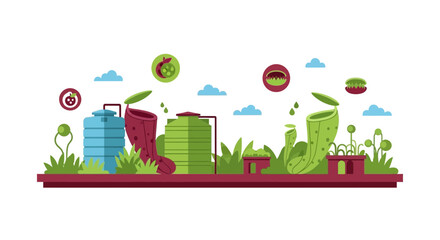 Obraz premium Biotechnology Concept: Carnivorous Plant Cultivation System with Pitcher Plants and Water Storage Tanks in Flat Design Style