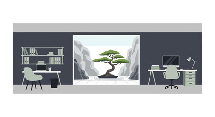 Fototapeta premium Modern Minimalist Office Interior with Zen Bonsai Garden View