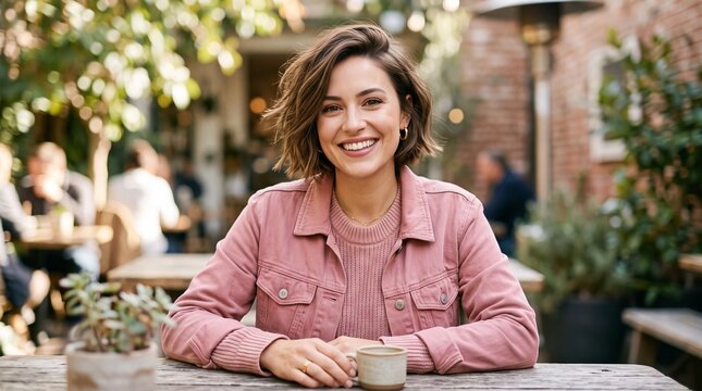 Happy young woman with short hair wearing a pink jacket sitting at a table in a cozy outdoor cafe garden with a cup of coffee