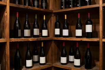 Naklejka premium Wine cellar storage, red wine bottles on wooden shelves, luxury wine collection and tasting experience