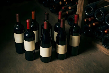 Naklejka premium Wine cellar storage and aging process, red wine bottles with blank labels in a dark, rustic underground environment