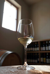 Naklejka premium Wine tasting experience, white wine in a glass with vineyard cellar background, winemaking and viticulture industry