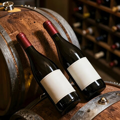 Naklejka premium Wine tasting and cellar storage, two red wine bottles with blank labels on oak barrels in a winery