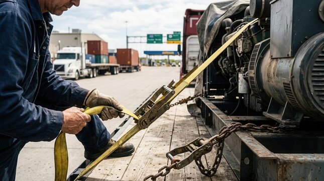 Professional securing heavy generator with ratchet straps on flatbed truck for transport, emphasizing safety and logistics.