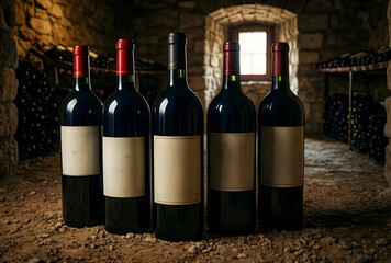 Naklejka premium Wine cellar with red wine bottles, winemaking and viticulture, aged vintage wine collection in a rustic stone environment