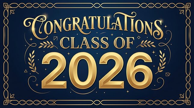 Celebratory announcement for graduating class of 2026 with festive gold text on dark blue background
