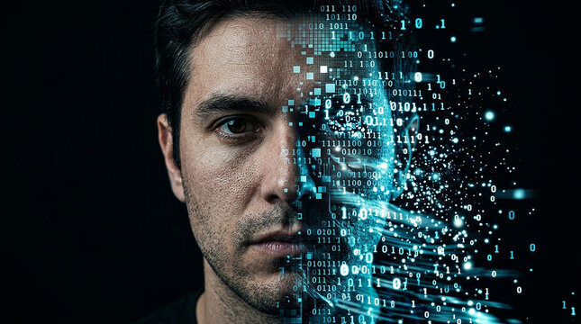 A male person merges with digital technology showing human intelligence and artificial creation through streaming data patterns transforming facial features into cyberspace networks