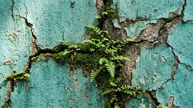Green fern plants growing through deep fissures in an old weathered painted structure showing resilience and natural persistence overcoming urban decay and harsh environmental conditions