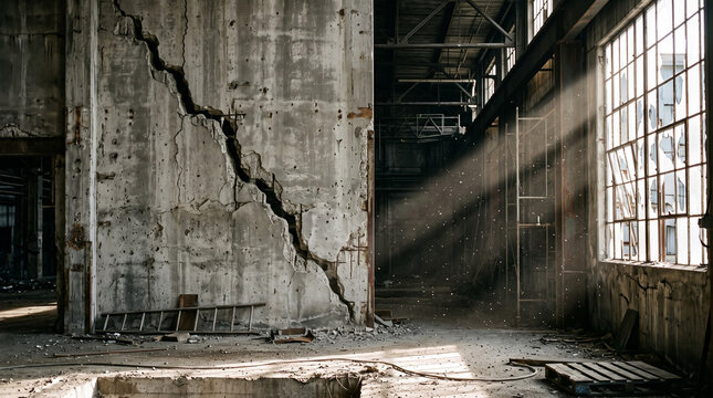 Abandoned industrial warehouse interior featuring large fractured concrete pillars with massive structural damage while bright sunlight streams through tall dirty factory windows casting