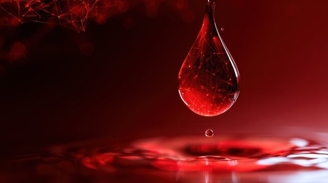 Blood testing screening biomarkers concept. Red liquid droplet suspended above a red surface with web-like structures.