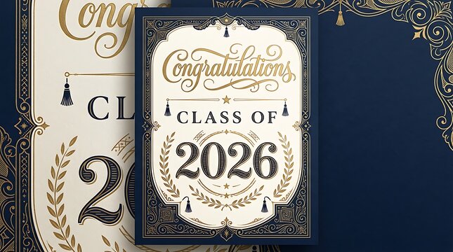Elegant graduation announcement card celebrating the class of 2026 with intricate gold accents and classic design elements for