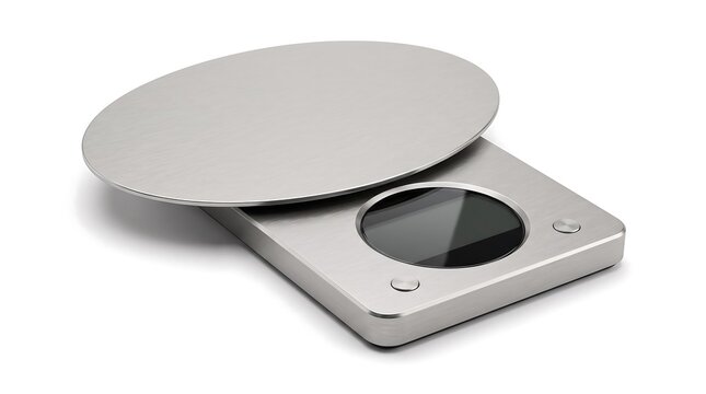 Modern silver digital kitchen scale for precision weight measurement on white background