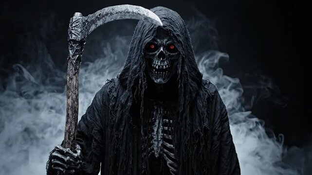 Grim Reaper standing with a scythe in dark smoke for Halloween horror