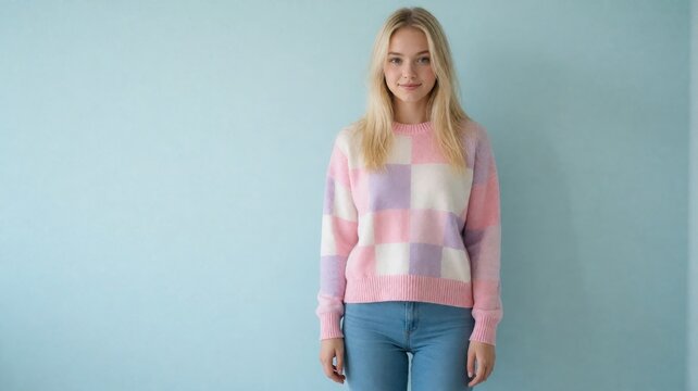 Young Woman in Pastel Checkered Sweater Against Blue Background