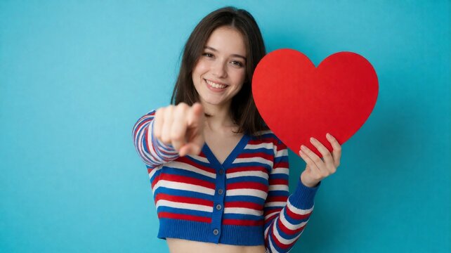 Young Woman Pointing at Camera While Holding Red Heart