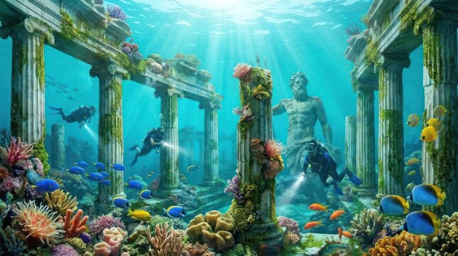 Scuba divers exploring submerged ancient temple ruins.