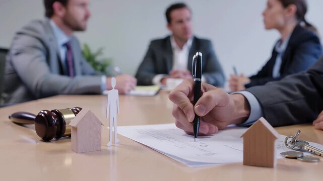 Divorce Property Settlement with Houses, Legal Documents and Gavel