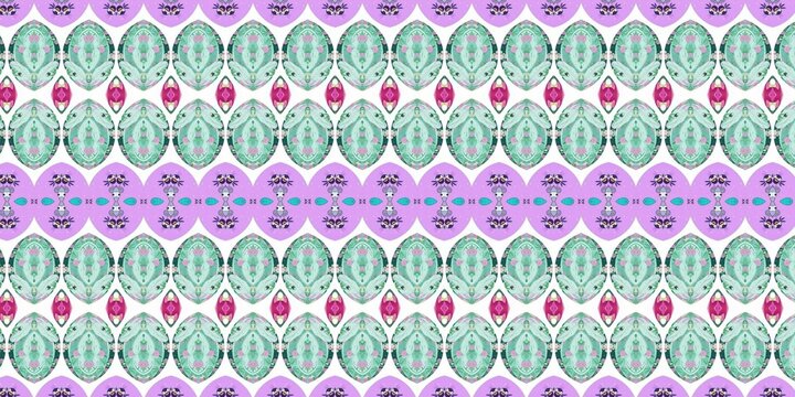 An ornate medallion pattern featuring repeating purple and mint green oval motifs with intricate floral and geometric details.