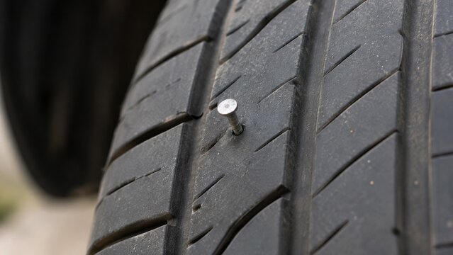 Macro close-up of small metal nail embedded in automotive tire tread, realistic slow tire leak and puncture problem, tire still mounted on vehicle