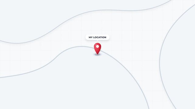 Clean digital map concept showing a vibrant red pin marking 'MY LOCATION' on a grid background