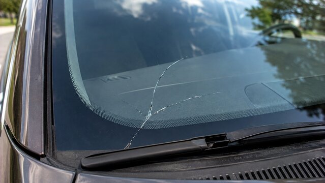 Close-up of automobile windshield showing moderate branching crack beginning near lower edge of glass, realistic everyday windshield damage
