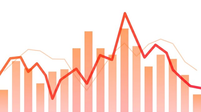 A financial chart with rising and falling lines over vertical bars represents market fluctuations and economic trends analytics assessment bar graph business