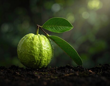 Single green guava fruit on dark soil with leaf.