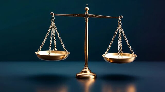 Classic golden weighing scales swaying, symbolizing justice, law, balance, and moral decisions