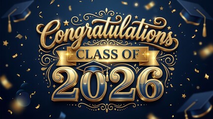 Naklejka premium Celebratory graduation announcement featuring gold and blue design for class of 2026 with caps and confetti