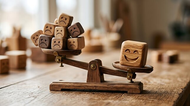 Wooden scale balancing single joyful face against multiple sorrowful expressions representing emotional contrast concept for mental health awareness