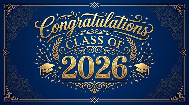 Celebratory graphic for graduating class of 2026 with elegant gold and navy blue design emphasizing achievement and future success