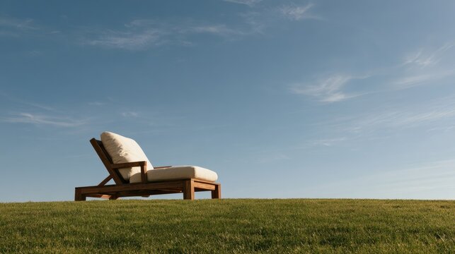 A solitary lounge chair sits on a grassy knoll under a clear, blue sky