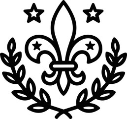 Fleur de lis with laurel wreath and stars, heraldic symbol, emblem, vintage design, emblem outline © Novi