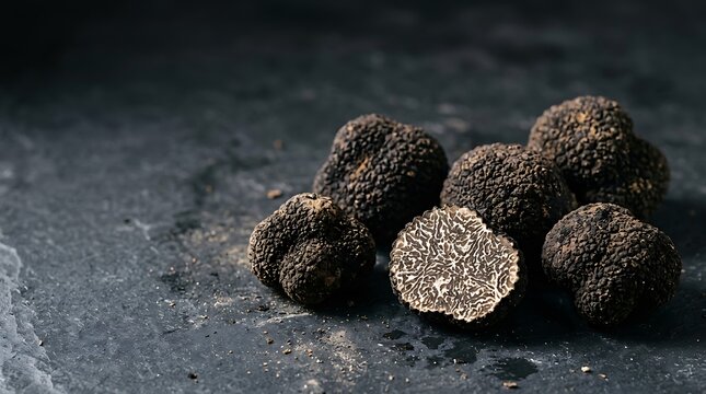 Fresh black truffles on dark stone surface, gourmet culinary ingredient for fine dining.
