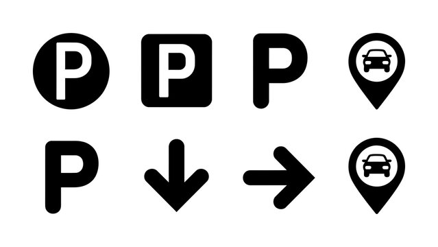 Parking icons set including various symbols for parking directions and location markers on white background