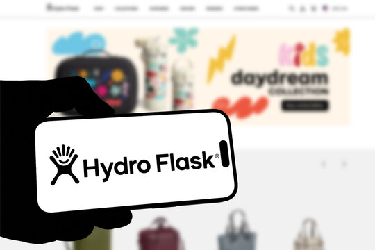 Kiel, Germany - 08-19-2026: Smartphone displaying US drinkware brand Hydro Flask logo in front of companys webpage
