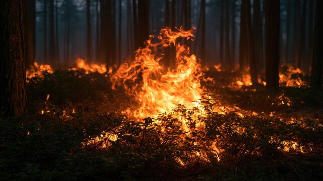 Intense forest fire rages through undergrowth and trees