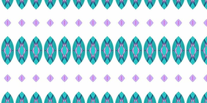 A clean geometric pattern featuring repeating turquoise, pink, and white vertical oval motifs with delicate floral details.