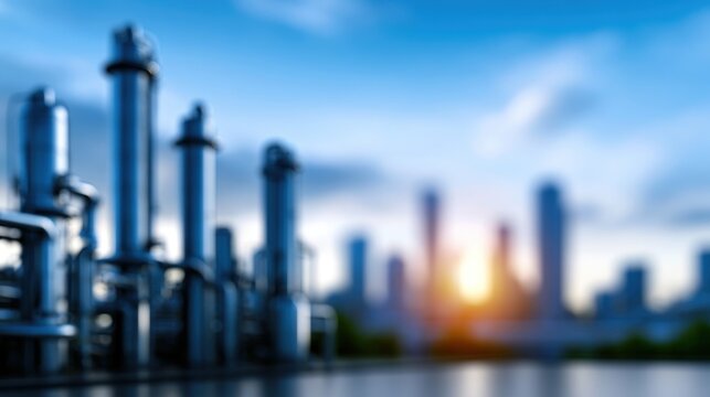 Blur effect highlights industrial landscape with steel structures, blue sky, and distant cityscape
