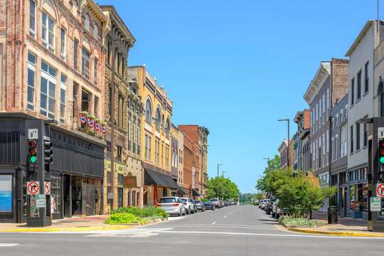 General view of Broadway, the historic main street in downtown Paducah Kentucky, lined with 19th-century Victorian commercial storefronts along the Ohio River Riverfront district, July 20 2026.