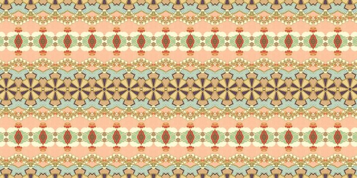 An intricate ethnic pattern featuring repeating peach, mint green, and purple horizontal bands with decorative wheel motifs.