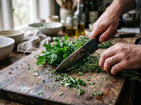 A person chopping fresh herbs on a wooden cutting board in a kitchen