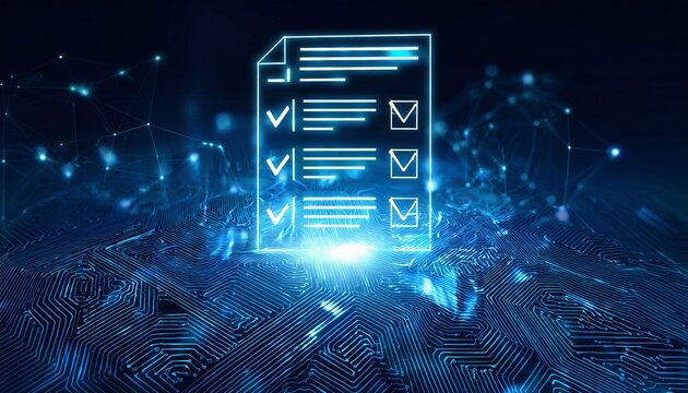 digital checklist with glowing checkmarks and data visualizations on a dark futuristic background representing successful task completion and verification