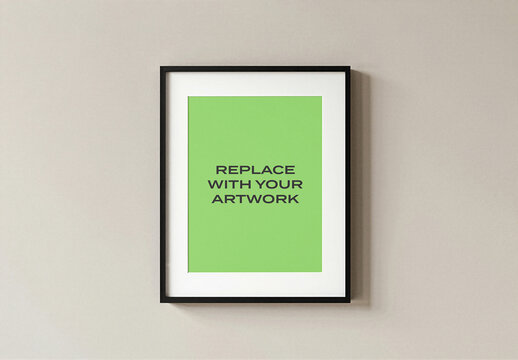 Framed vertical poster mockup with placeholder text displayed on a light beige interior wall, realistic art presentation featuring white mat and black frame