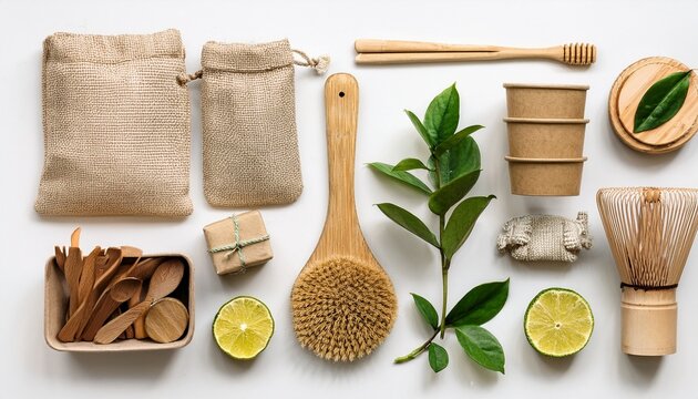 flat lay of eco friendly sustainable lifestyle items isolated on white background