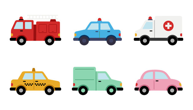 Flat vector emergency service and city transport vehicle icons set featuring red fire truck blue police car ambulance yellow taxi delivery van and pink sedan.