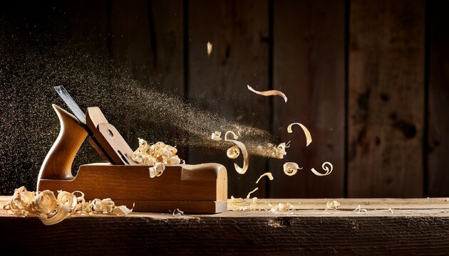 wood shavings flying from a hand plane on a rustic wooden workbench during woodworking